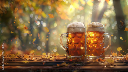 3D render of Oktoberfest celebration scene  featuring a close-up of traditional German beer mugs clinking  in a photographic style with watercolor accents  providing copy space on a festive background