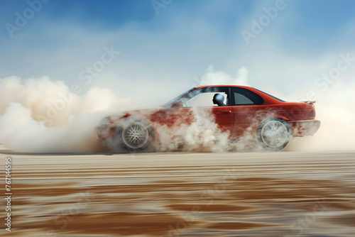 Smoke coming from the tires of a beautiful drifting sports car. sport car on the road with motion blur background. 3d rendering. 