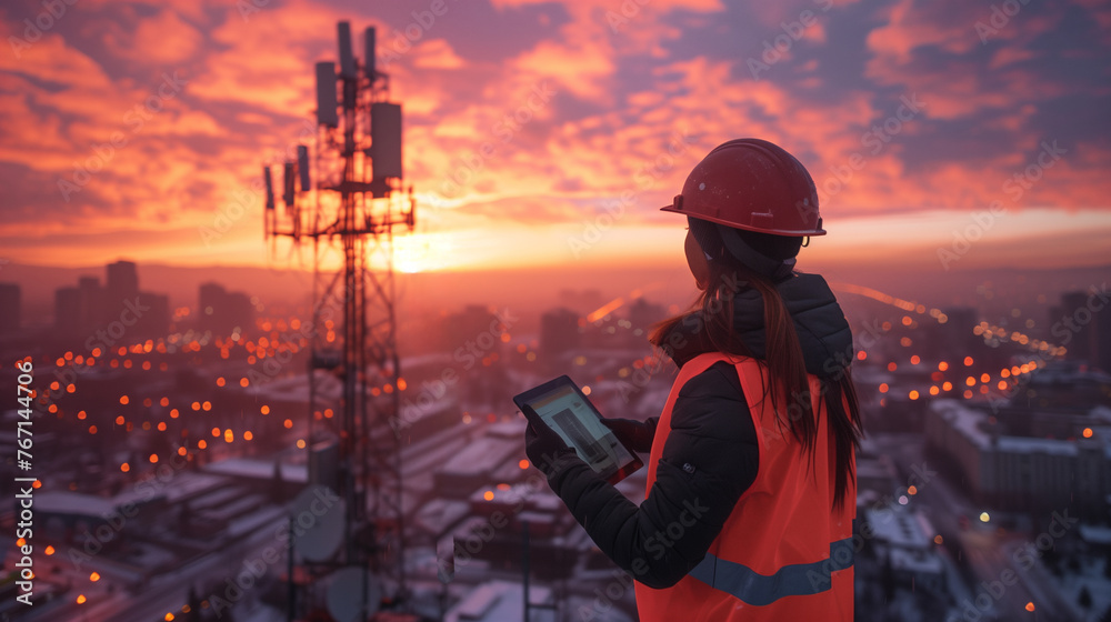 Female Engineer with Tablet Assessing Communication Tower in Winter Female Engineer with Tablet Assessing Communication Tower in Winter