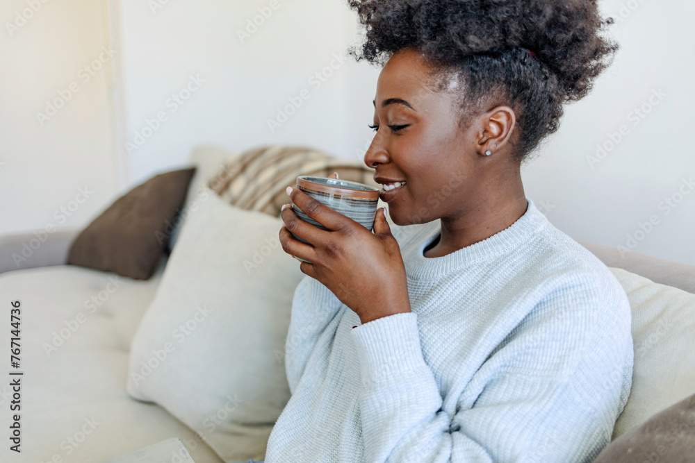 Relax, coffee and a woman with a laptop on the sofa for movies, internet connection or online news. House, email and a young girl with tea and a computer on the couch and reading a notification.