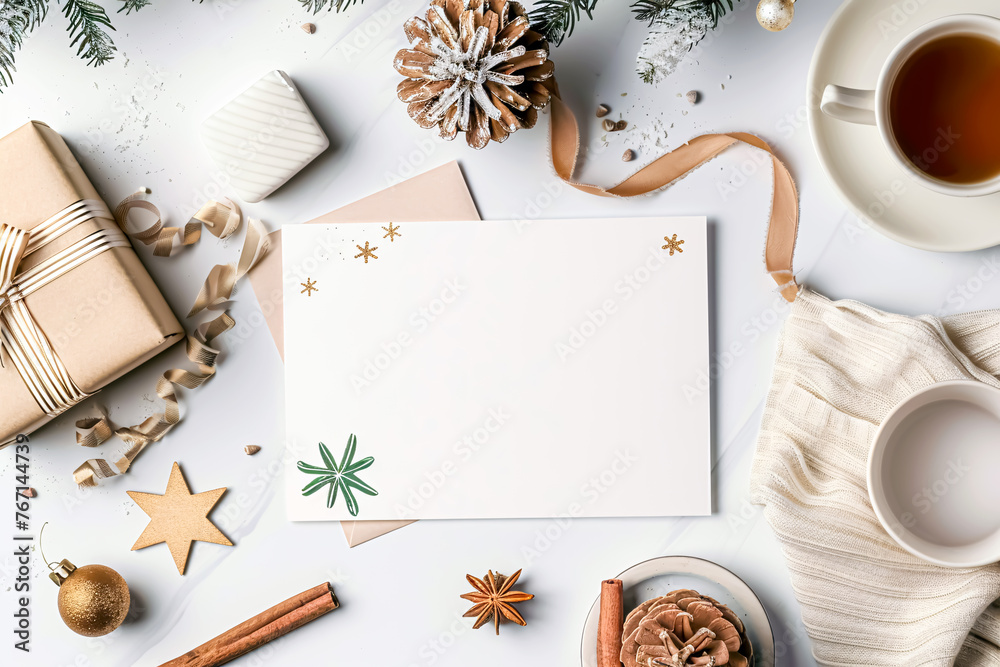 Christmas greeting card mockup on white background. Flat lay, top view.