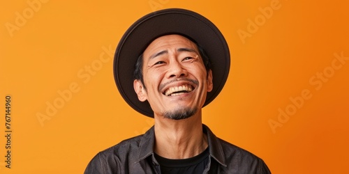 East Asian Man Smiling on Orange Background
