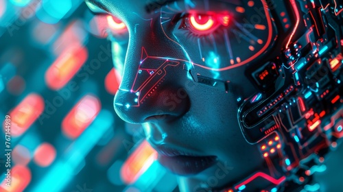 A closeup, realistic portrait of a futuristic cyborg merging with advanced technology, showcasing intricate details of mechanical and organic integration, with a backdrop of neon circuitry