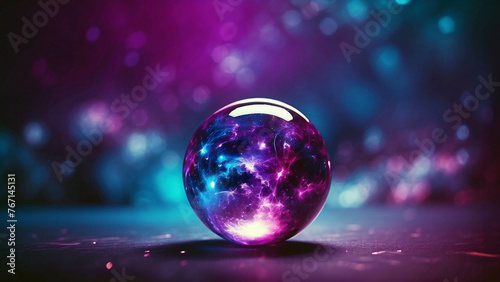 Glass sphere with a swirling blue and purple galaxy inside sits on a polished wooden table. Light reflects on the sphere and the table surface. photo