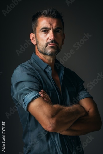 a low angle camera view of a confident man in his 30's, wearing a short sleeve shirt, arms are crossed, 