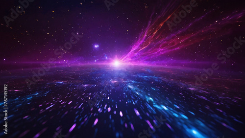 Swirling vortex of light in deep space, with blues and purples merging into vibrant yellows and oranges at the center. Distant stars glimmer faintly in the background.