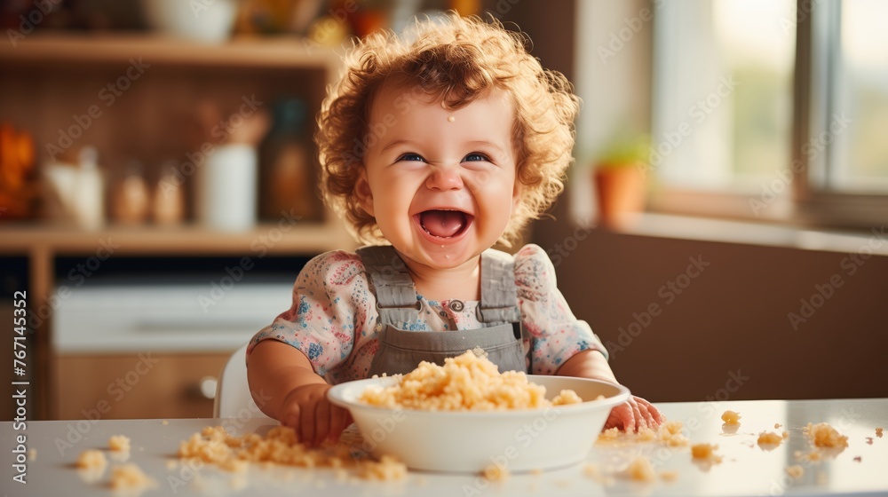 Baby's First Taste, a baby, 9 months old, Curious, Intrigued, Playful, Tasting a new and exciting food Baby's First Taste, a baby, 9 months old, Curious, Intrigued, Playful, Tasting a new and exciting food