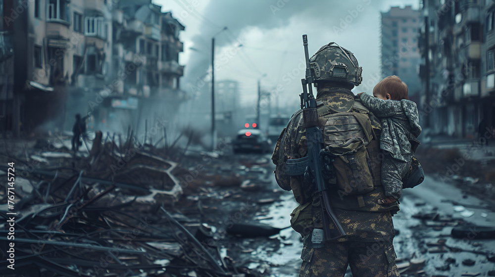  Soldier with rifle holding baby in apocalyptic city - obrazy, fototapety, plakaty 