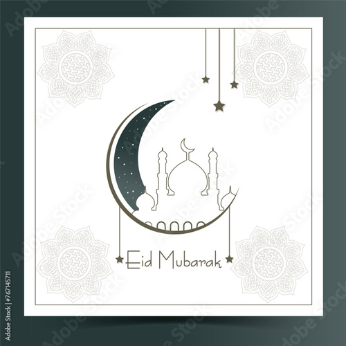 Eid Mubarak Poster design. Arabic Islamic Elegant White and Golden Luxury Ornamental Background with Islamic Pattern and Decorative Ornament Frame