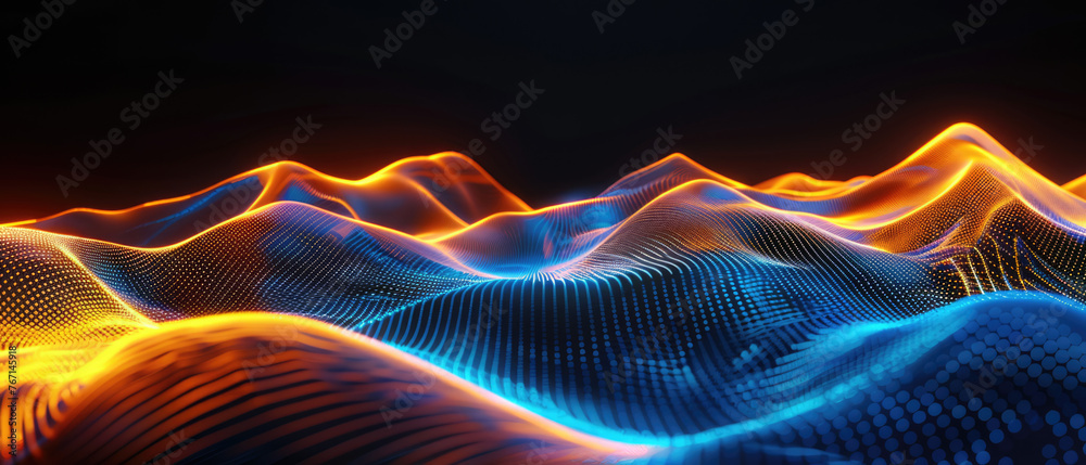 Fototapeta premium Abstract digital landscape of blue dots and waves
