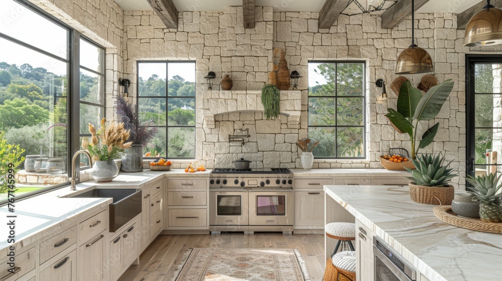 a kitchen filled with lots of counter top space next to a kitchen with a stove top oven and lots of windows. a kitchen filled with lots of counter top space next to a kitchen with a stove top oven and lots of windows.