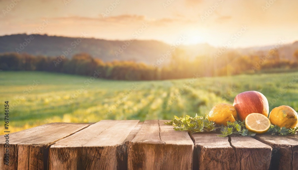 farm wood nature field fruit table product grass garden background stand green food nature wood landscape morning farm outdoor sky podium forest stump beauty sun scene platform view beautiful trunk - obrazy, fototapety, plakaty 