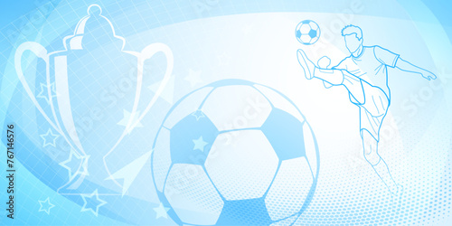 Football themed background in blue tones with abstract dots and curves, with sport symbols such as a football player, cup and ball