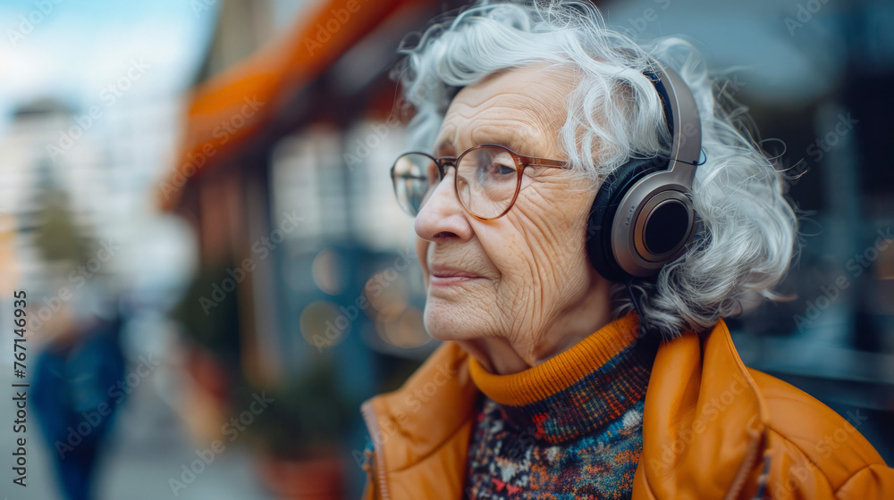 Obraz premium Cool fashionable grandma with headphones and glasses on soft color colorful background.
