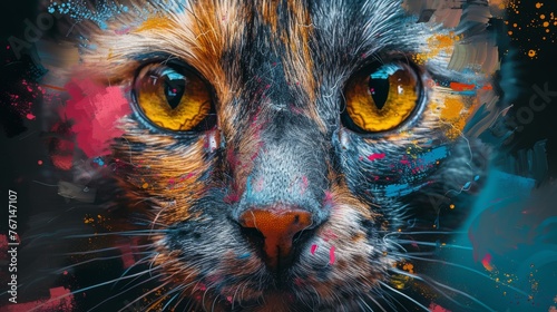  a close up of a cat's face with bright colored paint splattered on the cat's face.