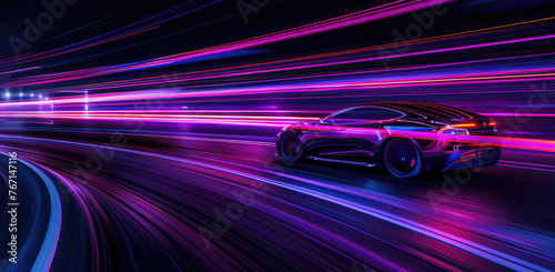 Futuristic car speeding through neon light trails