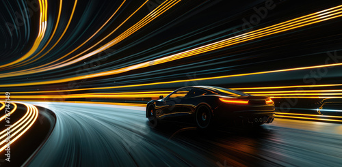 Luxury car racing with golden light streaks © Mik Saar