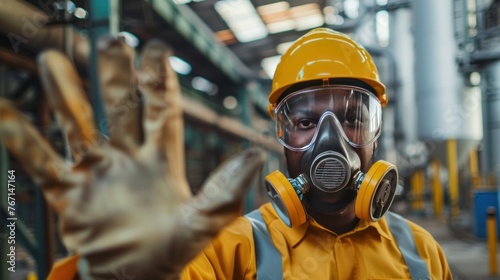 A young engineer wearing a gas mask shows a hand signal not to enter a hazardous area in an industrial plant.