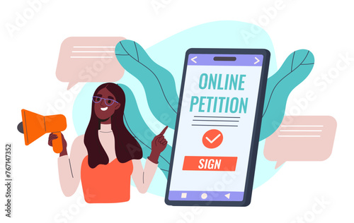 Online petition concept. Woman with loudspeaker near smartphone screen. Political protest and rally. Activist and citizen with phone. Cartoon flat vector illustration isolated on white background