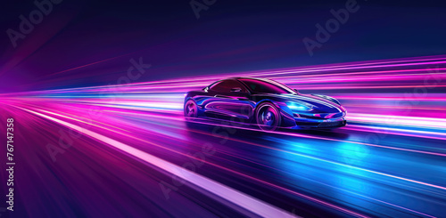 A sports car with vivid neon lights in motion