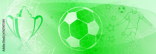 Football themed background in green tones with abstract meshes and dots, with sport symbols such as a football player, cup and ball
