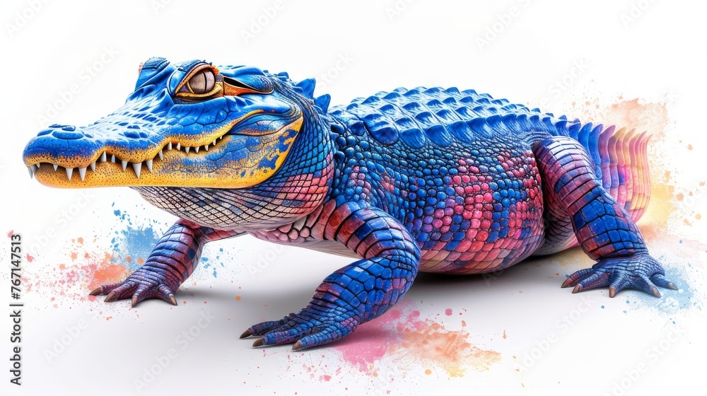  a blue and red alligator sitting on top of a white surface with a splash of paint on it's body. - obrazy, fototapety, plakaty 