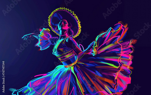 Neon Painting Of a Mexican Woman Dancing Wearing Traditional Clothes And Sombrero