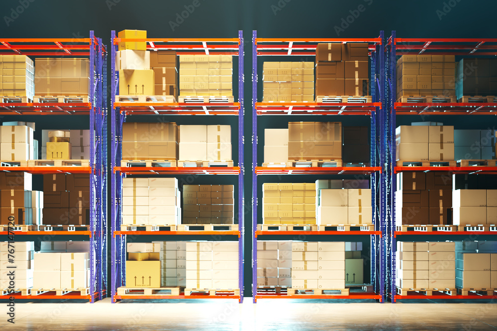 Expansive Industrial Warehouse Illuminated with Rows of Stocked Shelves