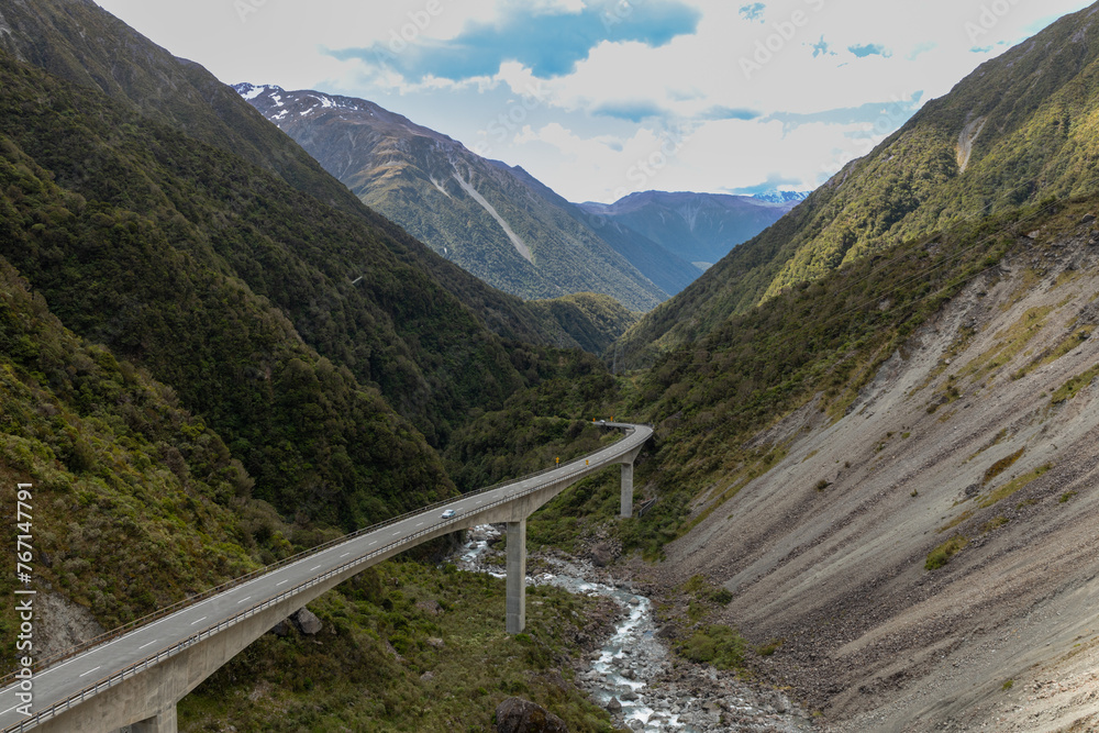 The stunning Otira viaduct on State Highway 73, also known as the Otira Gorge Road or Great Alpine Highway, is seen in Westland in southern New Zealand north of Arthur's Pass.