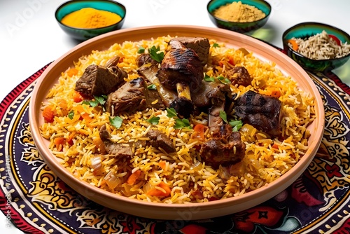 Delicious Kabsa: Authentic Arabic Cuisine Dish with Spices and Flavorful Middle Eastern Rice, Meat, and Chicken