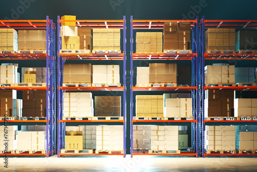 Obraz na płótnie Expansive Industrial Warehouse Illuminated with Rows of Stocked Shelves w salonie