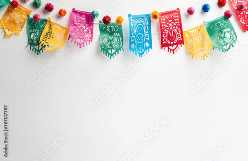 White Wallpaper For Cinco de Mayo Celebration, Colorful Festive Garland Paper Flags And Copy Space
