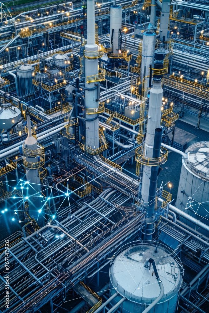A large industrial plant with many pipes and tanks. The image is a computer generated one. Scene is industrial and futuristic