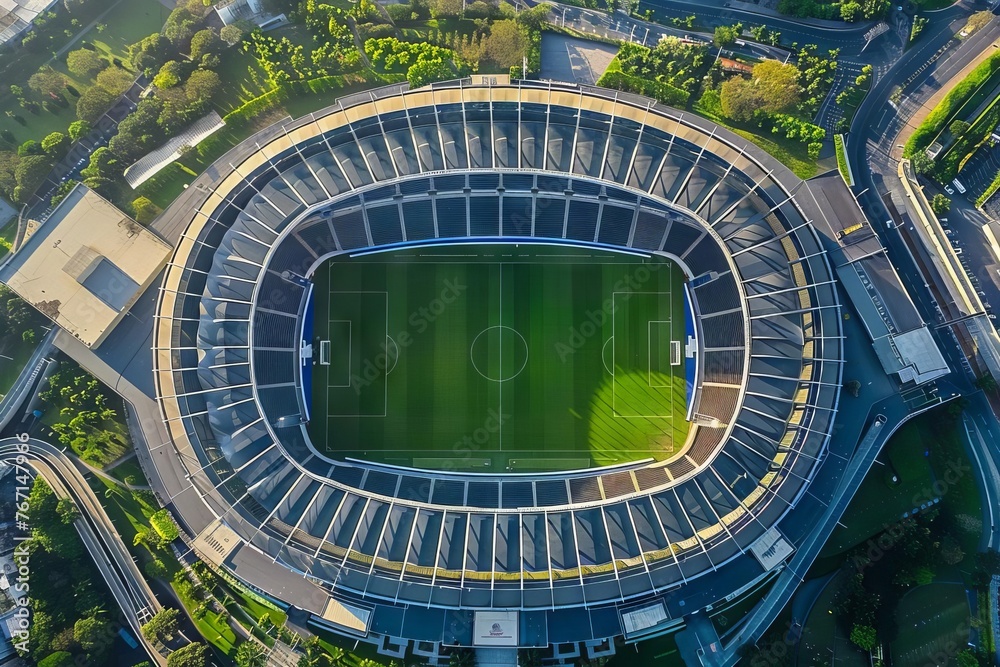 Aerial View of a Soccer Stadium with Lush Green Grass Field - Sports Arena Landscape Photography