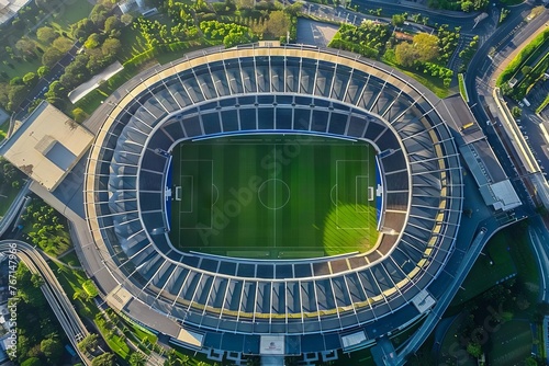Aerial View of a Soccer Stadium with Lush Green Grass Field - Sports Arena Landscape Photography