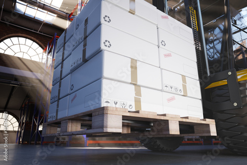 Obraz na płótnie Modern Forklift Operating in a Sunlit Industrial Warehouse with Stacked Pallets w salonie