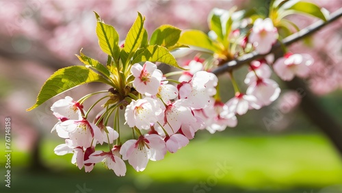 Cherry blossom in spring nature background, green leaves, bokeh