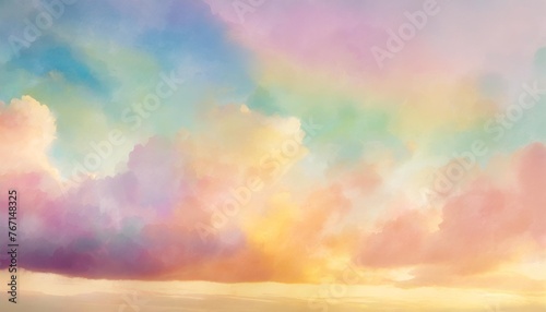 colorful watercolor background of abstract sunset sky with puffy clouds in bright rainbow colors of pink green blue yellow orange and purple © Aedan