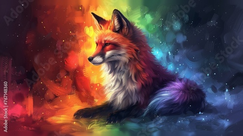  a painting of a red fox sitting in front of a rainbow colored background with stars and a building in the background.