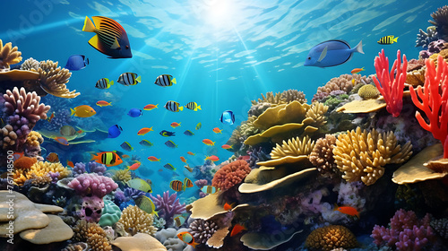A captivating underwater scene featuring a school of colorful tropical fish in a coral reef.