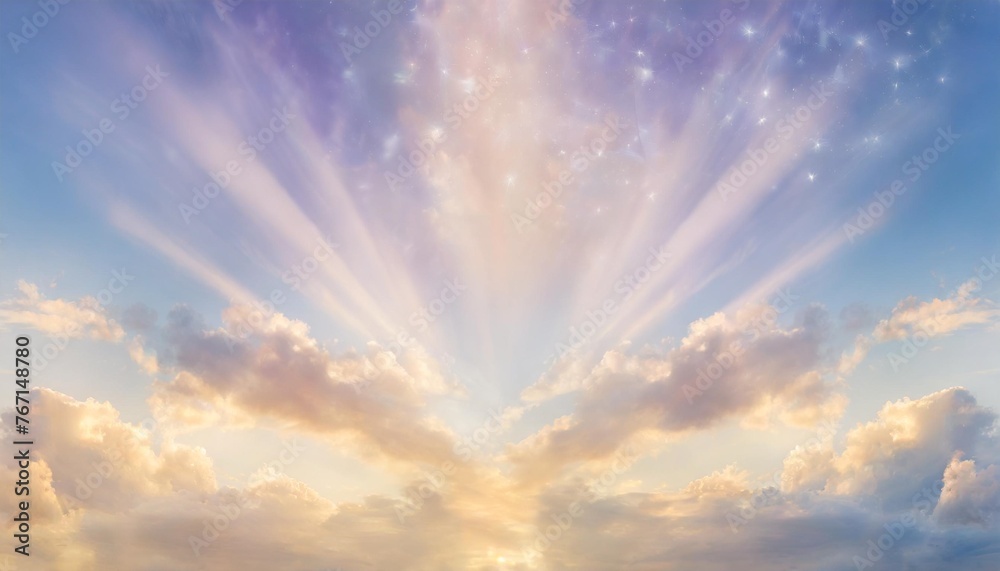 mystical divine angelic sky background with divine light and stars in blue purple colors