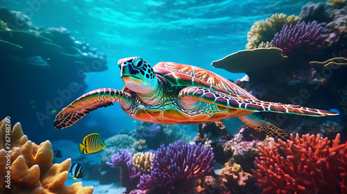 A captivating underwater shot of a sea turtle gracefully swimming among coral reefs.