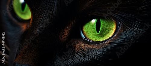 Macro photography captured the intricate details of a black cats mesmerizing green eyes, surrounded by long whiskers and fur. The electric blue hue resembles an astronomical object in the darkness photo
