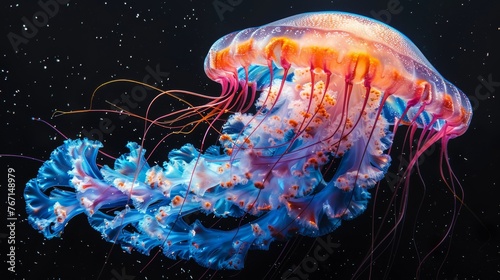  a close up of a jellyfish floating in the water with bubbles on it s back and a black background.