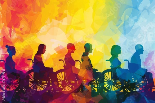 Colorful banner promoting disability inclusion and visibility, diverse people silhouettes, vibrant abstract background, digital illustration photo
