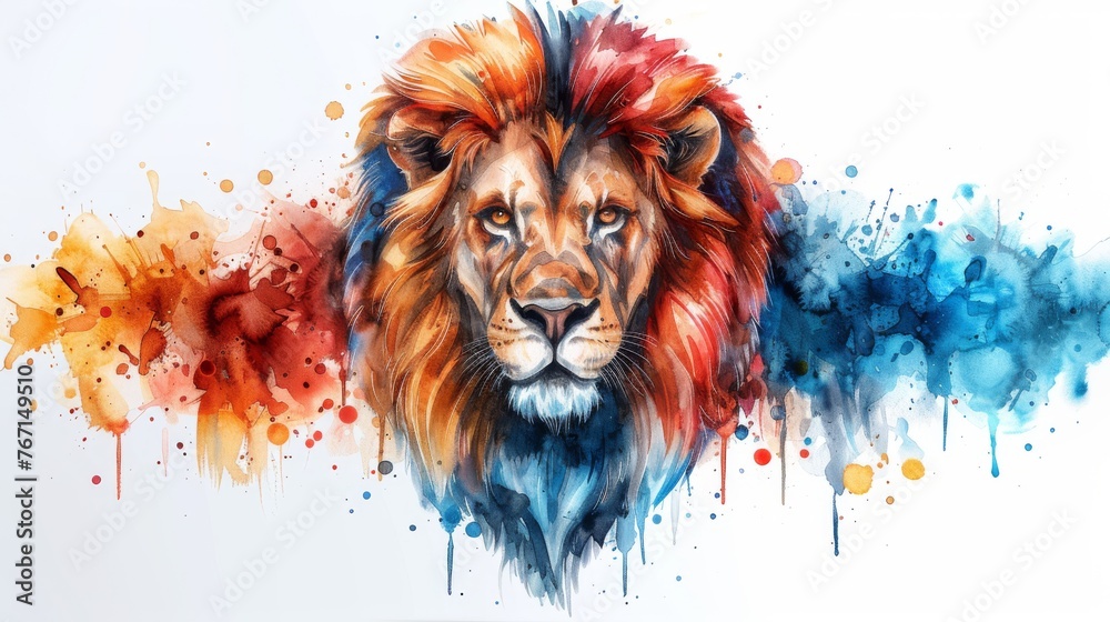 a watercolor painting of a lion's head with multicolored paint splatters on it's face.