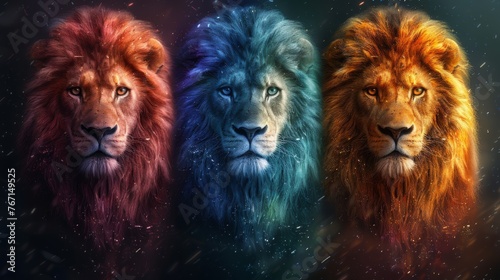  a group of three lions standing next to each other in front of a black background with red  blue  and yellow colors.