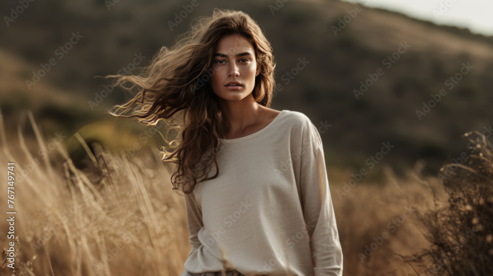 Serene Woman Standing in Golden Field at Sunset Serene Woman Standing in Golden Field at Sunset