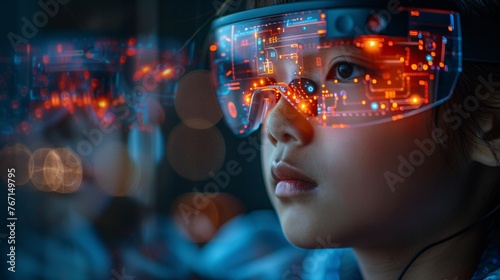 a 12-year-old Asian boy wearing smart glasses. Show the boy in full, with the smart glasses displaying digital information, highlighting his interaction with technology.