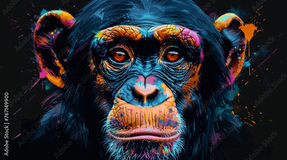 a close up of a monkey's face with colorful paint splatters on it's face and a black background. a close up of a monkey's face with colorful paint splatters on it's face and a black background.